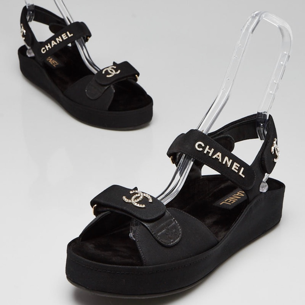 CHANEL Black Grosgrain Fabric Crystal Logo Platform Sandals